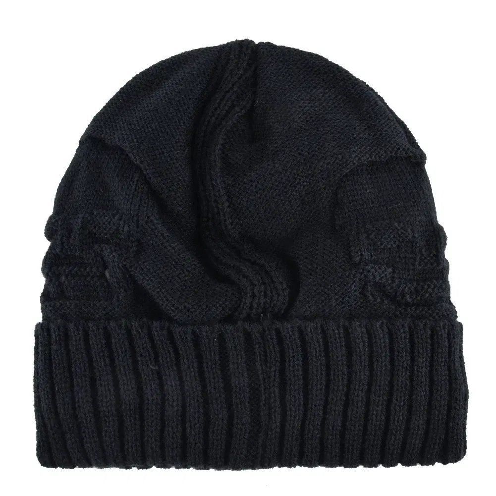 Color: black, Size: 56/57 - Winter Beanies Men Knitted Skull Pattern Solid Color Hat With Metal Skulls Skullies Beanies Men's Knit Thick Hats Add Velvet