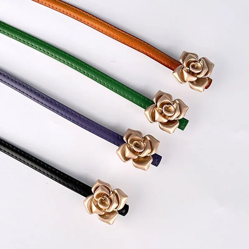 Color: Rose Red, Belt Length: 105CM - 1.0cm New Unique Rose Genuine Leather Gold Belt Women Fashion Cowskin Flower Thin Belts Female Jeans Dress Waistband