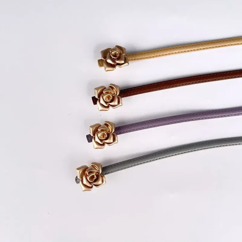 Color: Rose Red, Belt Length: 105CM - 1.0cm New Unique Rose Genuine Leather Gold Belt Women Fashion Cowskin Flower Thin Belts Female Jeans Dress Waistband
