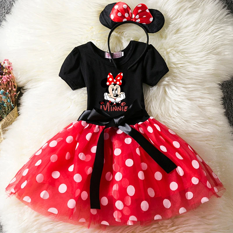 Color: Burgundy, Size: M - Cartoon Mickey Minnie Mouse Kids Short Sleeve Polka Dot Princess Dress 1-6Y Party Baby Girls Clothes Cosplay Costumes