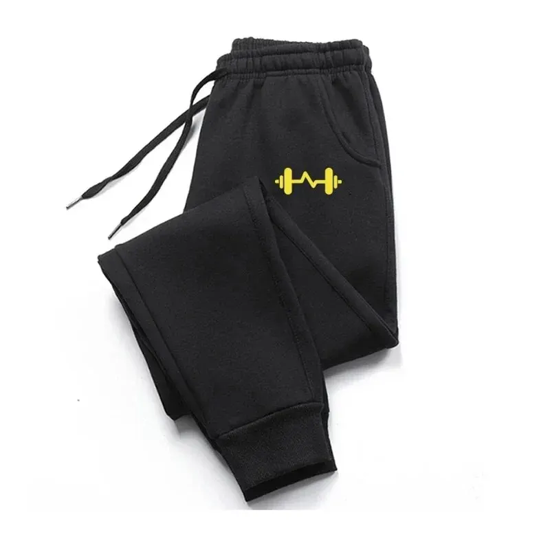 Size: S, Color: GRAY - 2024 Barbell Printed Fleece Men's Trousers Autumn Winter Pants Fashion Drawstring Casual Male Sweatpants Jogging Sports Pants