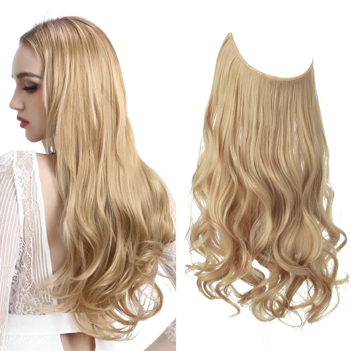 Color: T1/35, Stretched Length: 16inches - Synthetic No Clip Wave Hair Extensions Ombre Natural Black Blonde Pink One Piece False Hairpiece Fish Line Fake Hair Piece