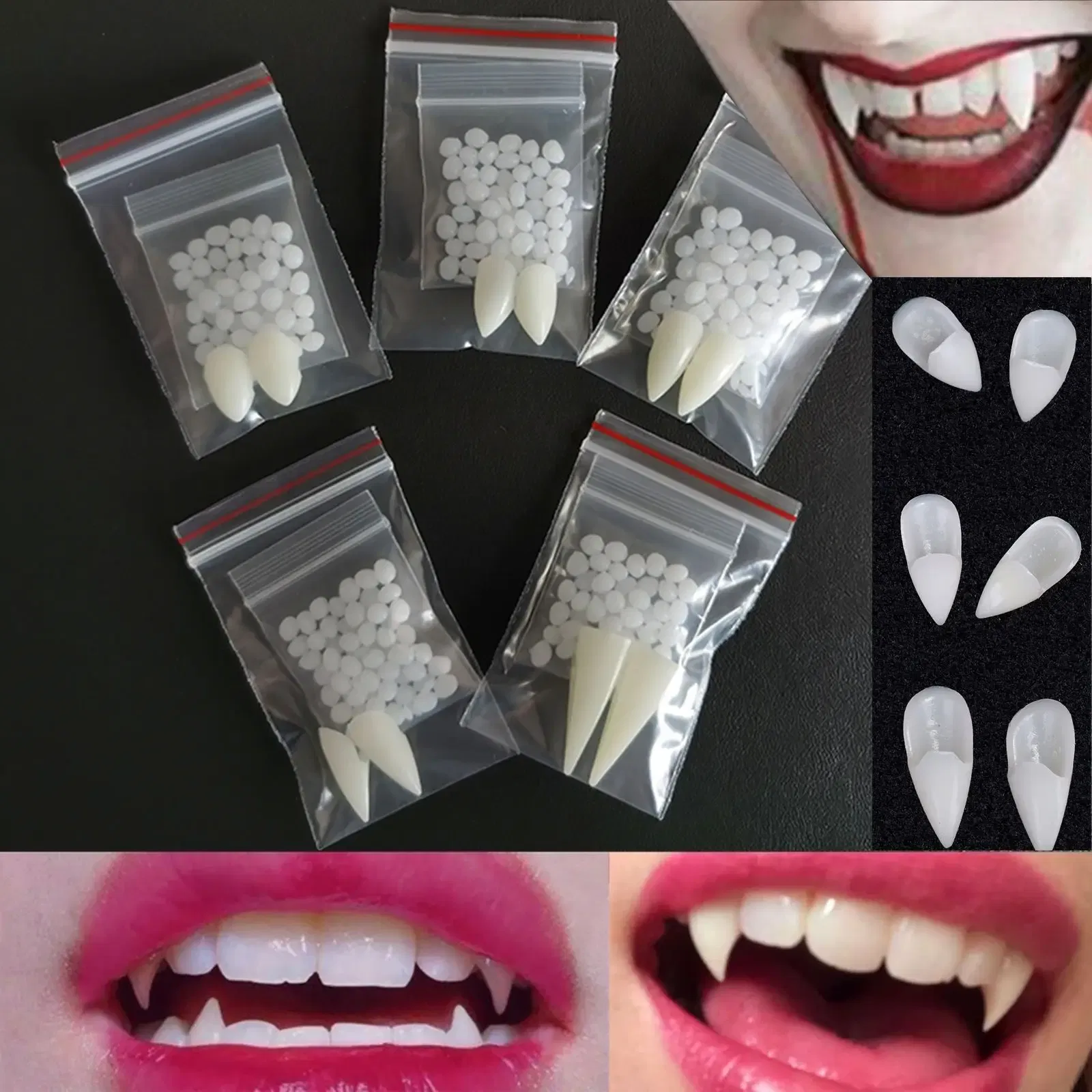 Color: Light Grey - Halloween Decoration Vampire Teeth Fangs Dentures Props Halloween Cosplay Props False Fangs With Solid Glue Halloween Props