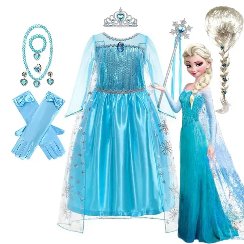 Color: Blue, Kid Size: 9 - Disney Girls Cospaly Snow Queen Elsa Costumes Kids Carnival Party Prom Gown Robe-Playing Children Clothes Frozen Princess Dress
