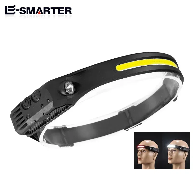 Emitting Color: RGB - Induction Headlamp COB LED Sensor Head Lamp Built-in Battery Flashlight USB Rechargeable Head Torch 5 Lighting Modes Headlight