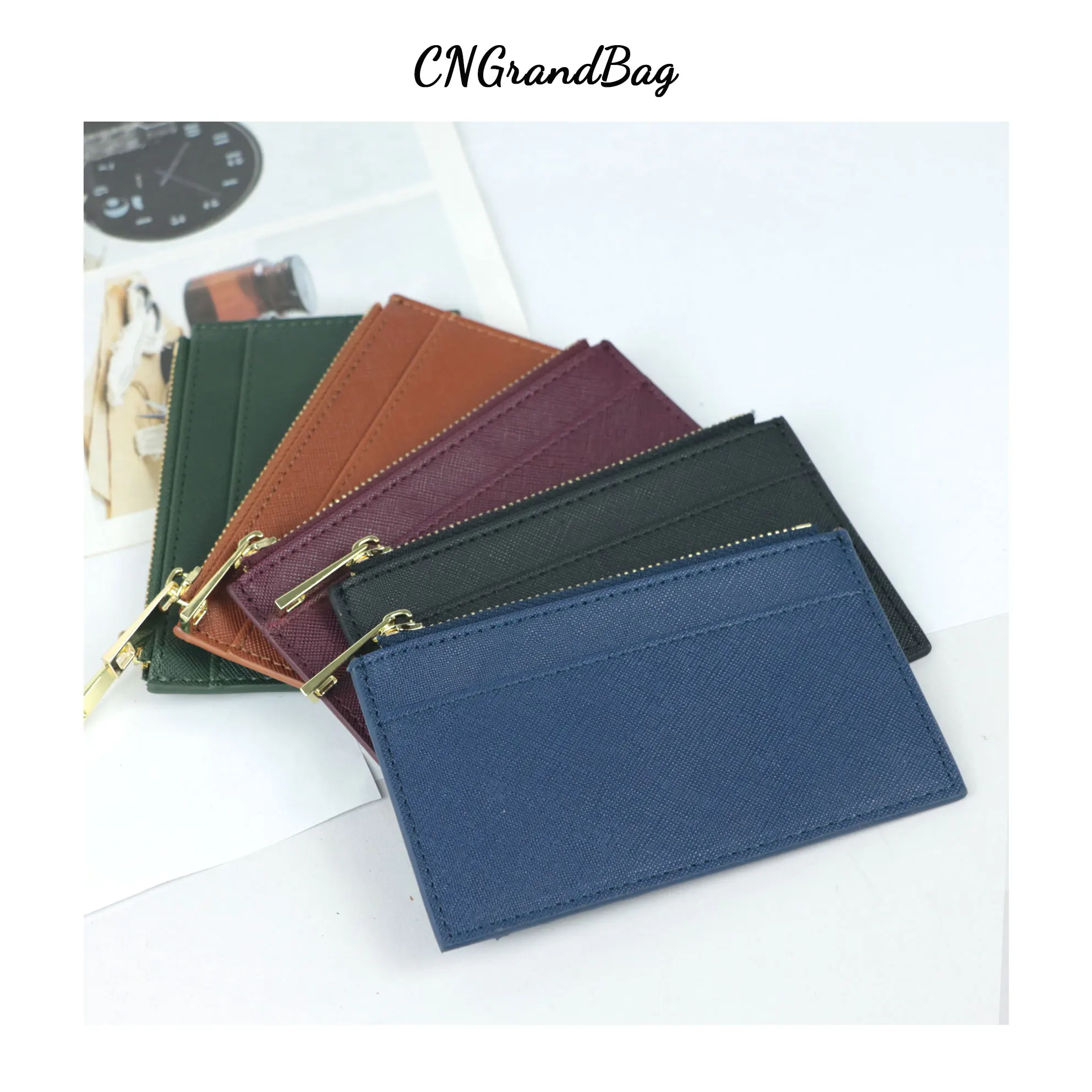 Color: Clear - Custom Name Saffiano Leather Zip CardHolder Multiple Colors Ultra Thin Coin Purse Drop Shipping Small  Women Credit Card Wallet
