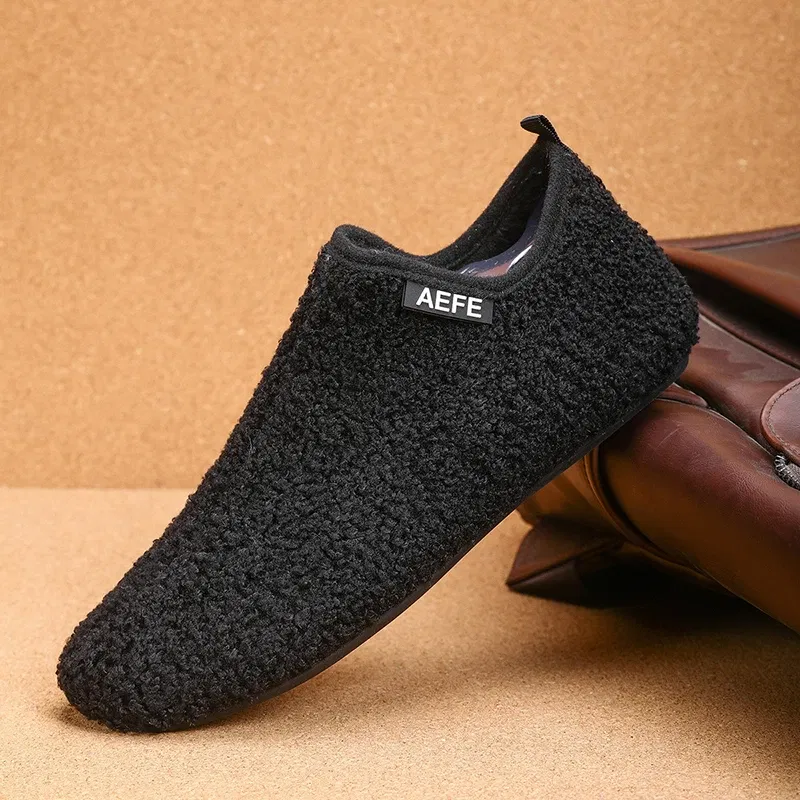Color: black, Shoe Size: 40, Ships From: CHINA - Winter Fashion Men Slippers Plush Male Home Cotton Shoes Warm Anti-slip Men's Casual Shoes Flexible Solid Flats 39-47 Slip On