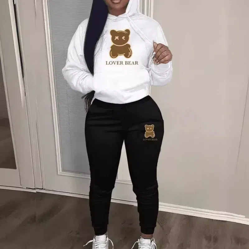Color: Blue, Size: L - 2 Piece Set Women Outfit Letter Bear Print Hooded Neck Hoodies Sweatshirt Pants Tracksuit 2024 Plus Size Streetwear Casual Suit