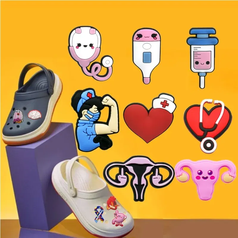 Color: Fluorescent Yellow - 1pcs Medical Clog Accessories Stethoscope Syringe Gibit Shoe Charm Clog Pins Teeth Uterus Nurse Clips Jeans Girl Women Gift