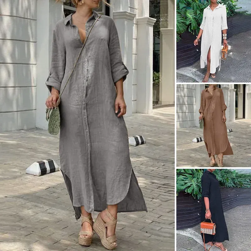 Color: Beige, Size: XXL - Long Shirt Dress Women Autumn Cotton Linen Leisure Turn Down Collar Maxi Dresses Female Elegant Loose Beach Spring Vestidos