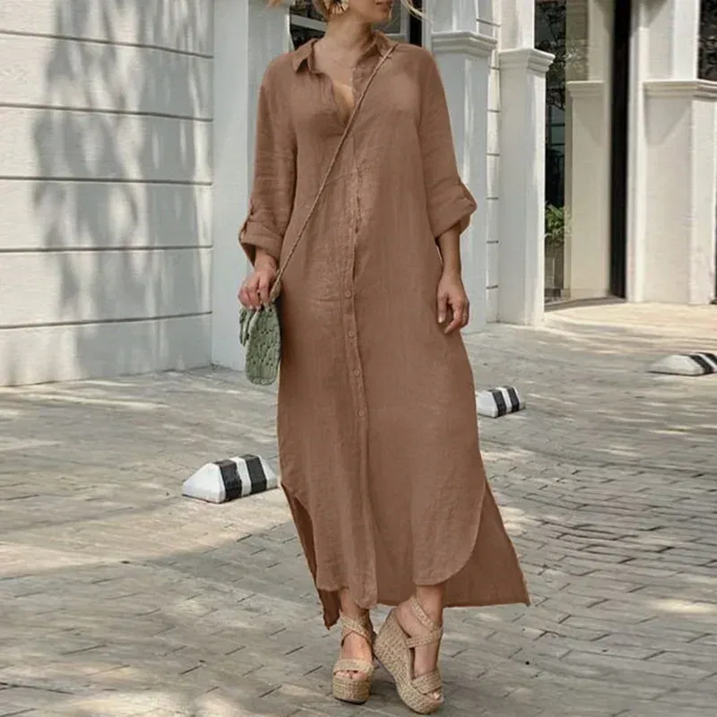 Color: Beige, Size: XXL - Long Shirt Dress Women Autumn Cotton Linen Leisure Turn Down Collar Maxi Dresses Female Elegant Loose Beach Spring Vestidos