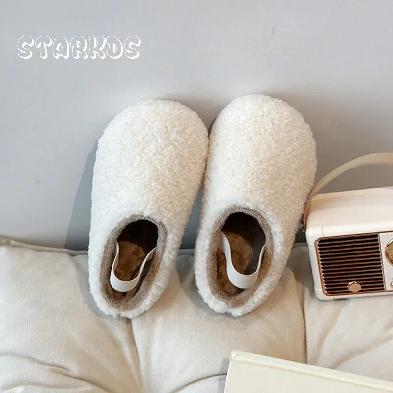 Color: WHITE, Shoe Size: 21.5 - Teddy Fur Mule For Baby Kids Winter Warm Plush Slipper Toddler Child Casual Pull-on Fluffy Cotton Shoe with Back Elastic Strap