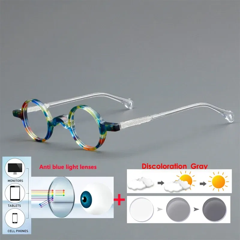 Frame Color: Milky White, Eye Prescription: +175 - VCKA Photochromic Acetate Myopia Glasses Men Retro Small Round Frames Women Custom prescription Anti-Blue  Eyewear -0.5 TO -10