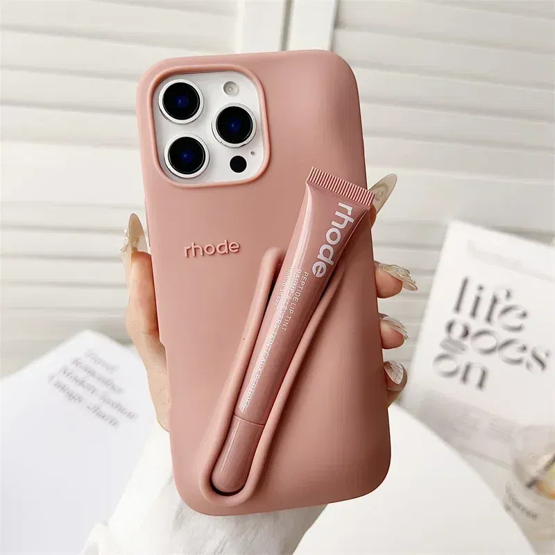 Color: Beige, Bundle: Bundle1, Material: Nylon - Phone Case For iPhone 12 13 14 15 16 Pro Max Plus 17 Air Portable Lip Gloss Holder Lipstick Silicone Soft Bumper Cover Lip Glaze