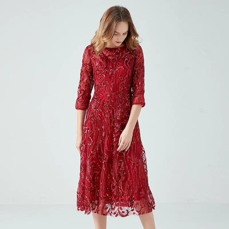 Color: Burgundy, Size: 4XL - Women's Lace Dress Sequin Evening Dresses Spring and Autumn New Wedding Banquet Broad Wife Fat Plus Size Long Dress Long Red
