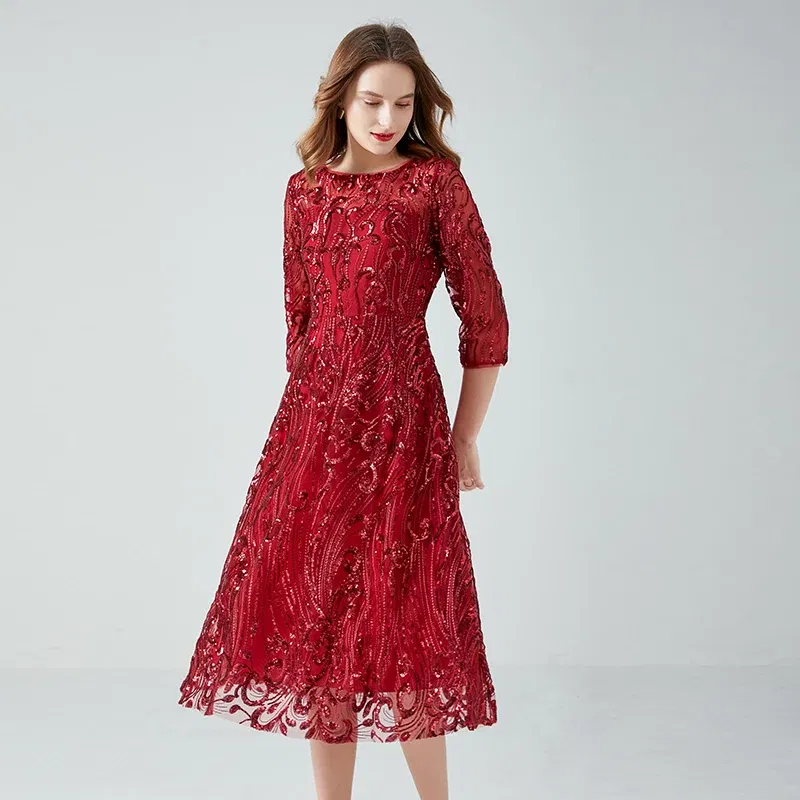 Color: Burgundy, Size: 4XL - Women's Lace Dress Sequin Evening Dresses Spring and Autumn New Wedding Banquet Broad Wife Fat Plus Size Long Dress Long Red