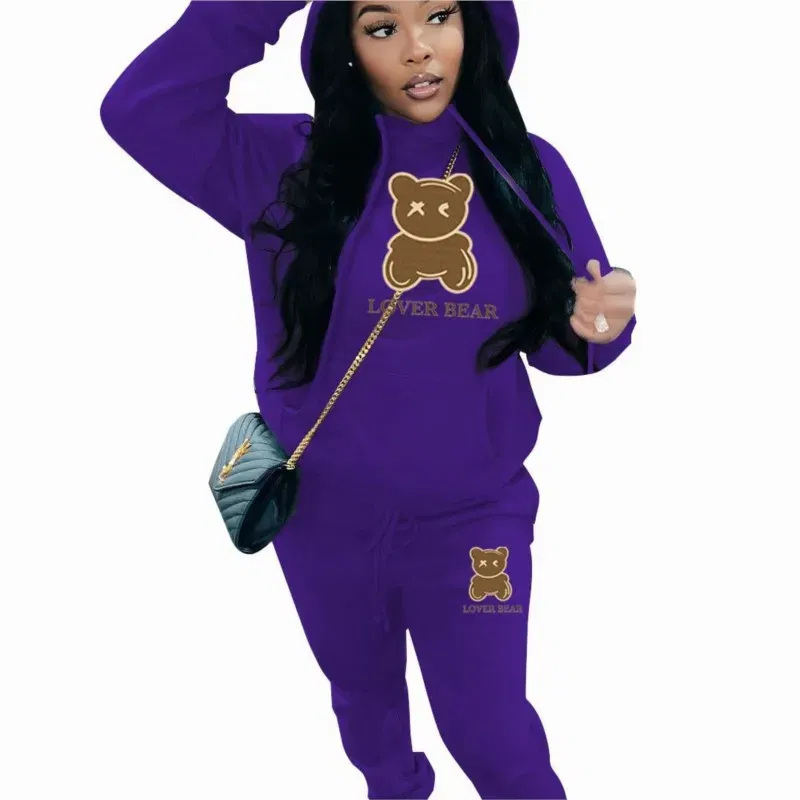 Color: PURPLE, Size: XXL - 2 Piece Set Women Outfit Letter Bear Print Hooded Neck Hoodies Sweatshirt Pants Tracksuit 2024 Plus Size Streetwear Casual Suit
