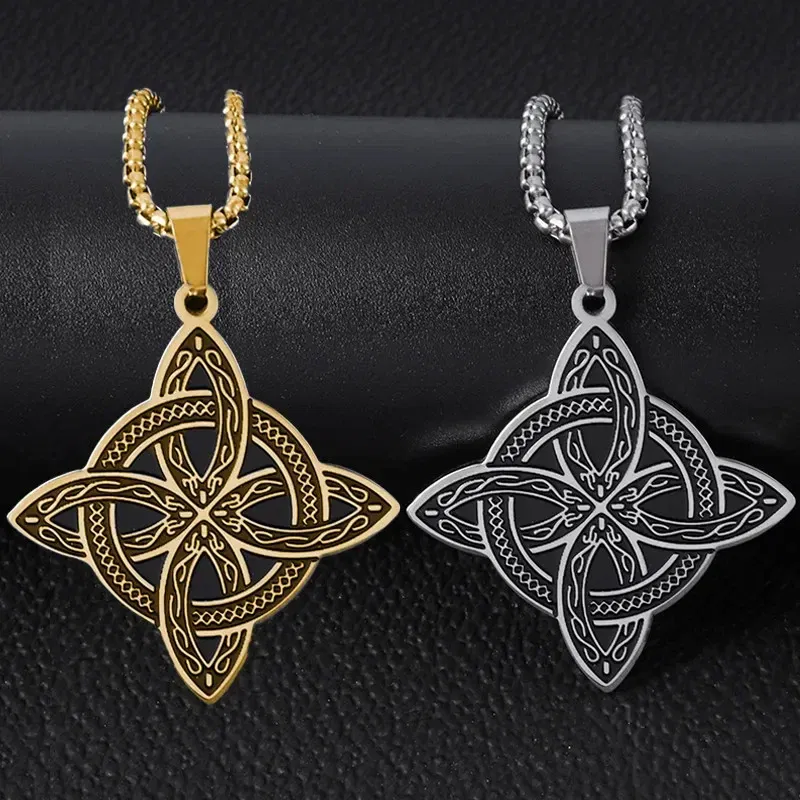 Metal Color: Light Yellow Gold Color - Stainless Steel Silver Color Pattern Witch Knot Pendant Necklace Celtic Knot Lucky Jewelry Gift for Friends Family