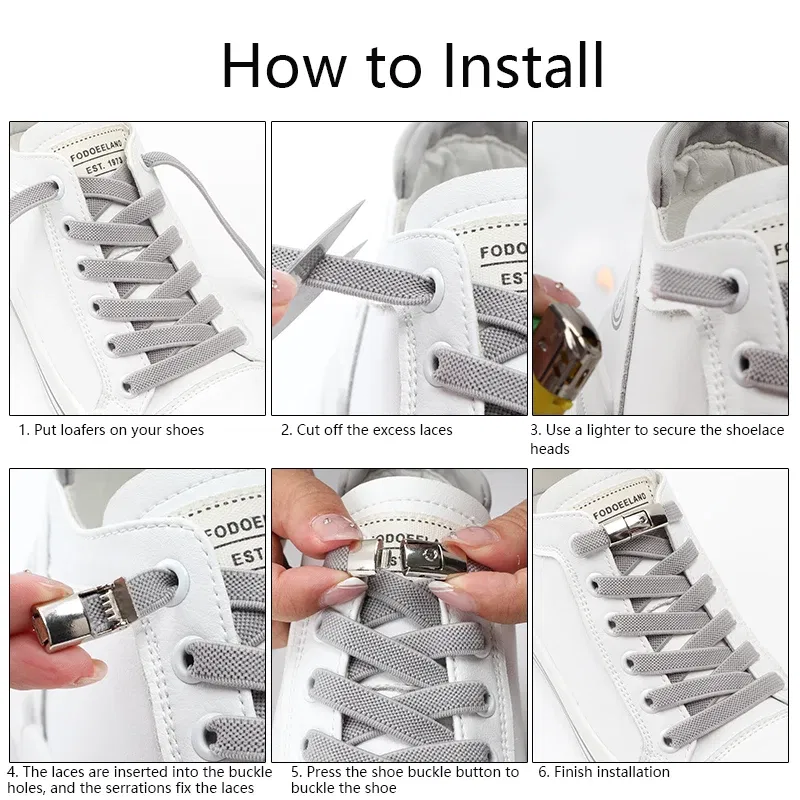 Color: GRAY - Switches Colorful Metal Buckle No Tie Shoe Laces Press Lock Shoelaces Without Ties Elastic Flat Shoelace Sneaker Kids Adult