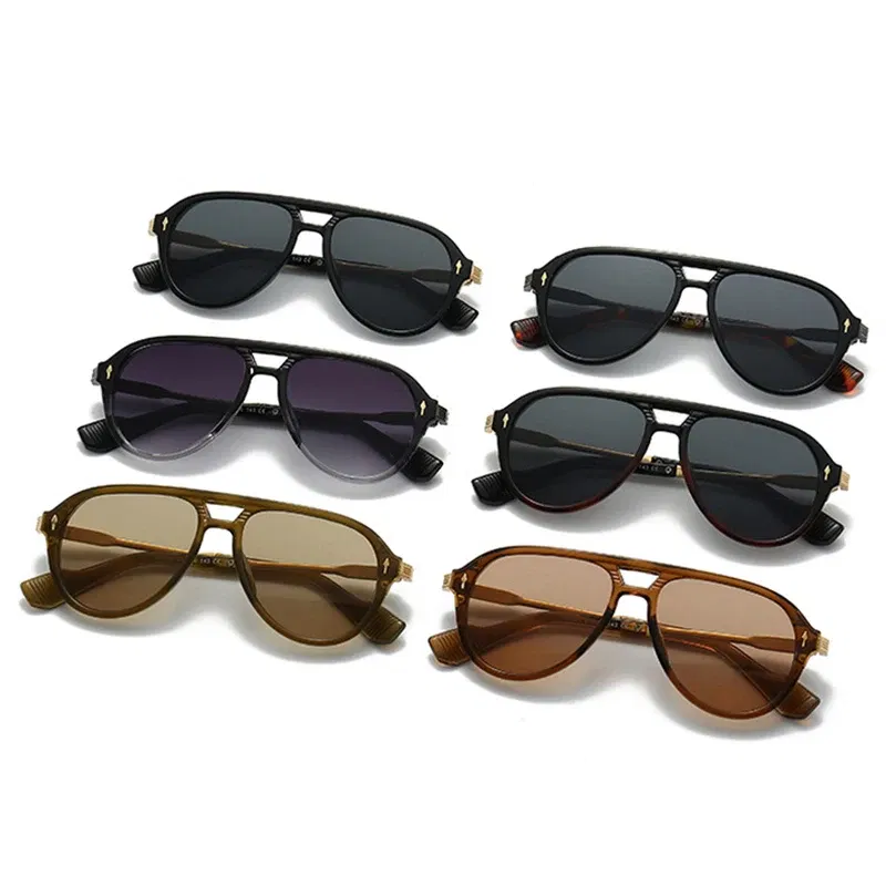 Lenses Color: MULTI, Frame Color: other - SHAUNA Retro Double Bridges Pilot Men Sunglasses Fashion Brand Designer Shades UV400 Trending Rivets Women Luxury Sun Glasses