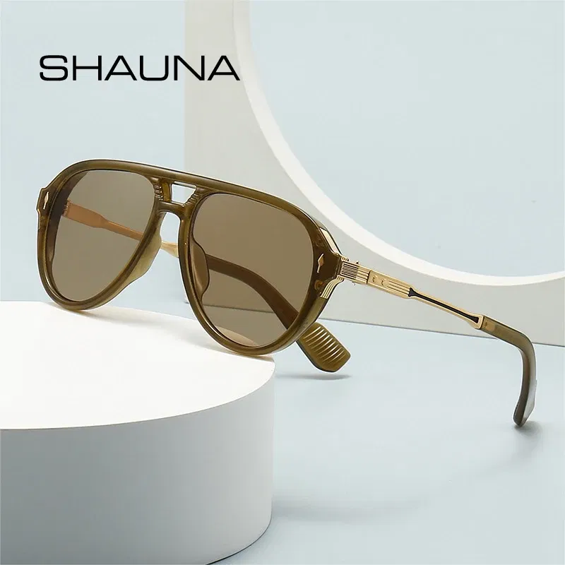 Lenses Color: MULTI, Frame Color: other - SHAUNA Retro Double Bridges Pilot Men Sunglasses Fashion Brand Designer Shades UV400 Trending Rivets Women Luxury Sun Glasses