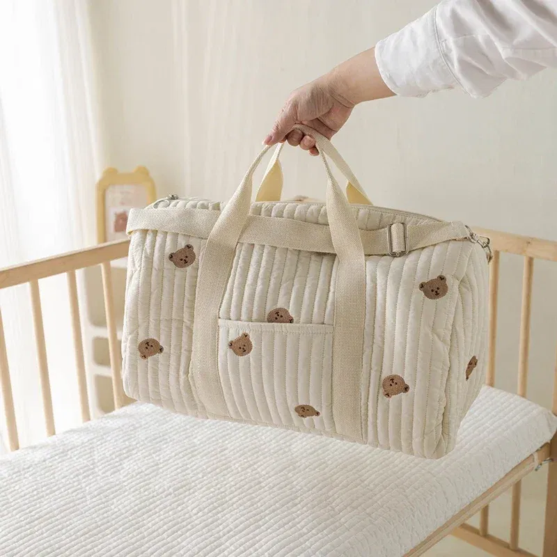 Color: Beige - New Embroidered Mom Bag Storage Bag Large Capacity Mommy Travel Bag Fashion Multi-functional Handbag Lightweight Diagonal