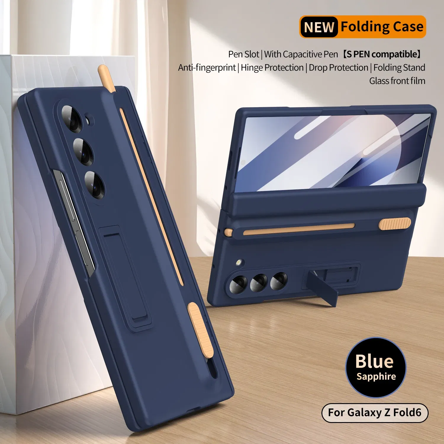 Color: Coffee, Material: Denim - Touch Pen Case For Samsung Galaxy Z Fold 6 5 4 3 Skin Friendly Folding Hinge with Elastic Wrist Band Screen Tempered Film Cover