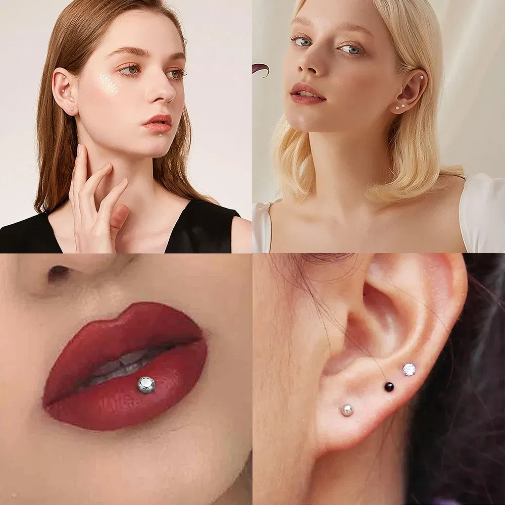 Metal color: Light Yellow Color, Ships From: CHINA, Main Stone Color: WHITE - 10PCS G23 Titanium Labret Piercing Lip Ring 16G F136 Internal Thread Nose Stud Earring Tragus Helix Cartilage Piercing Jewelry