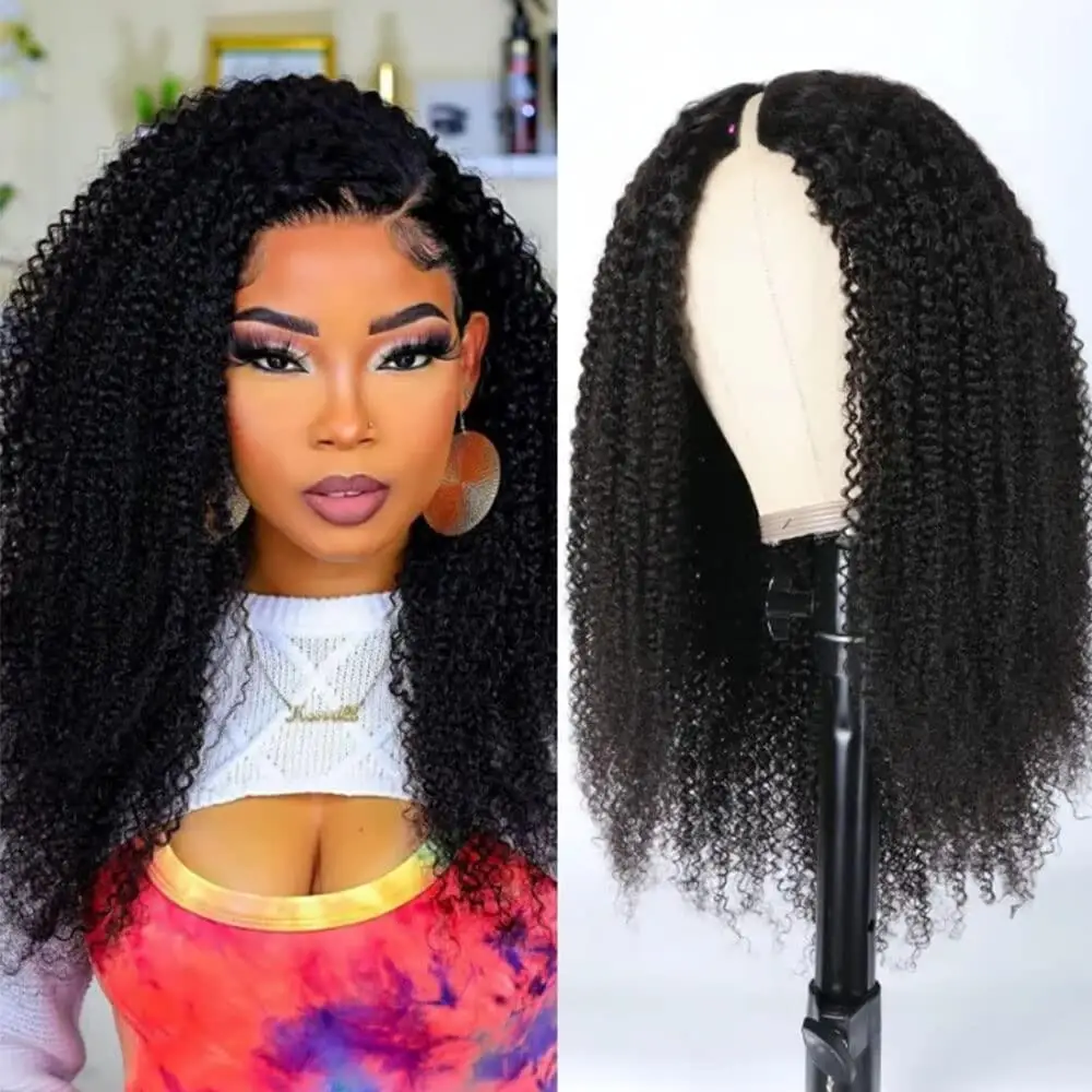 Hair Color: Natural Color, Stretched Length: 20inches, Density: 180% - Afro Kinky Curly V Part Human Hair Wigs No Leave Out Natural Black Machine Made Upgrade U Part Curly Wigs Indian Hair For Women