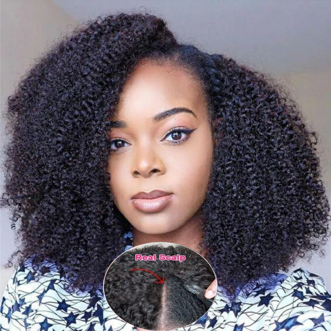 Hair Color: Natural Color, Stretched Length: 20inches, Density: 180% - Afro Kinky Curly V Part Human Hair Wigs No Leave Out Natural Black Machine Made Upgrade U Part Curly Wigs Indian Hair For Women