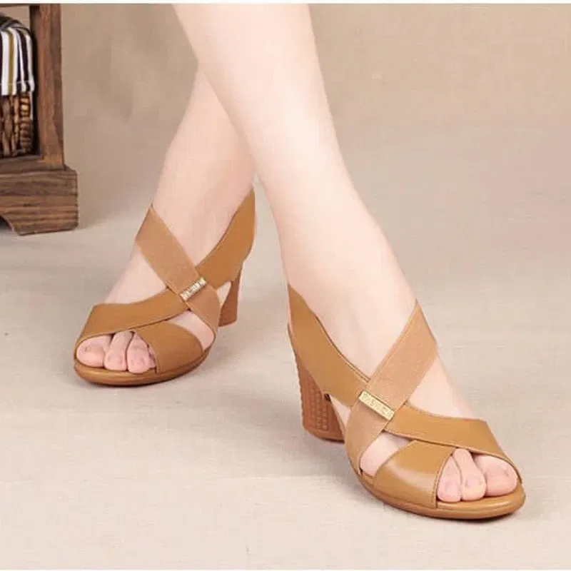 Color: Khaki, Shoe Size: 37 - New Mid-heel Sandals Women Summer Shoes Comfortable High Heels Thick Heel Peep Toe Non-slip Soft Bottom Mother Shoes Slip-On