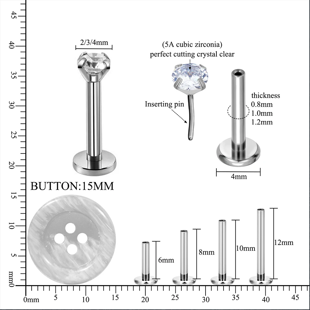 Metal color: Rhodium Plated, Ships From: CHINA, Main Stone Color: Yellow - 10PCS G23 Titanium Lip Ring Labret Piercing Stud Earring CZ 16/18/20G Push Pin Ear Tragus Cartilage Helix Conch Pierc? Jewelry