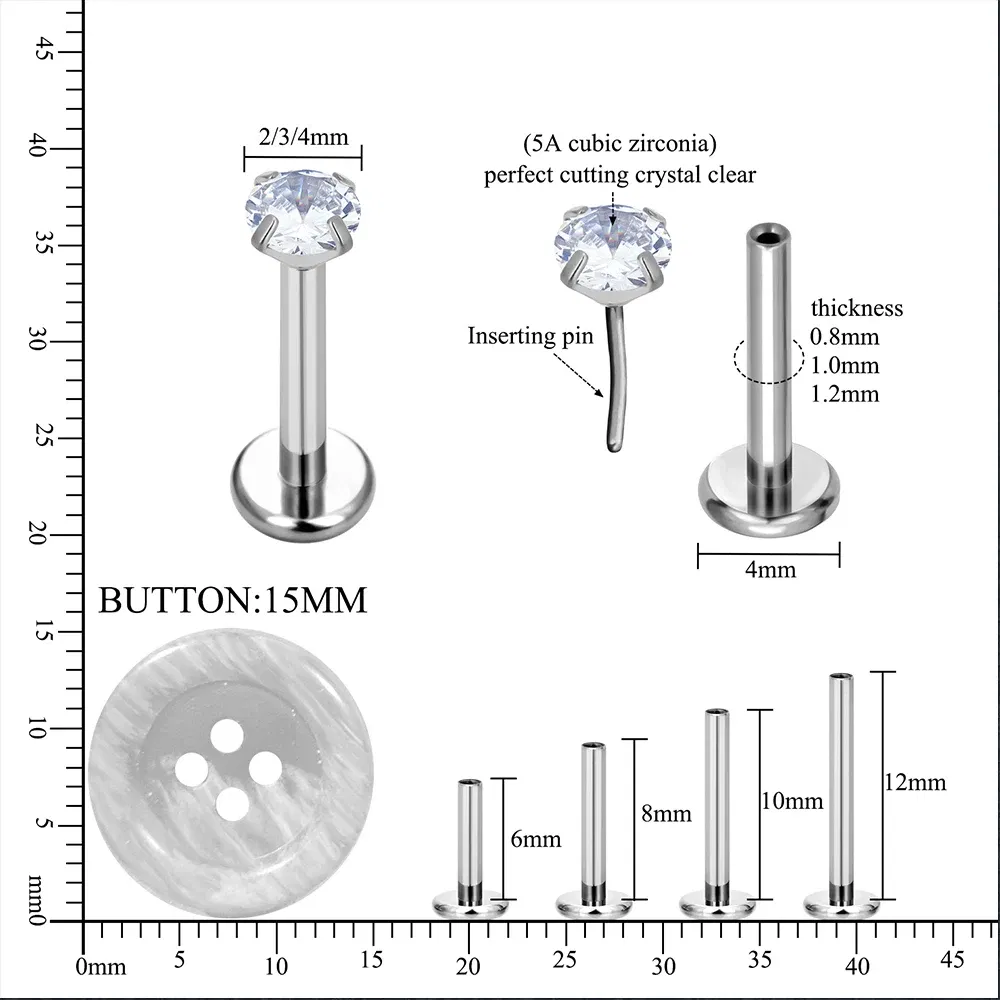 Metal color: Rhodium Plated, Ships From: CHINA, Main Stone Color: Chocolate Color - 10PCS ASTM F136 G23 Titanium Piercing Labret Lip Ring Stud Earring CZ Ear Tragus Cartilage Helix Daith Pierc Jewelry 16/18/20g