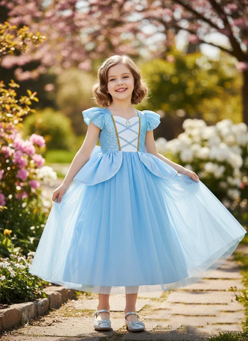 Color: Beige, Kid Size: 2T - Disney Deluxe Elegant Rapunzel Princess Ball Gown Fancy Birthday Party Dress Cinderella Vestidos Costume Play Carnival Apparel
