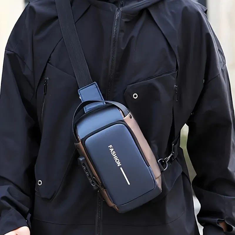 Color: Blue - Men's Sporty High Quality Chest Bag,  Motorcycle Phone Pack with Zipper Closure, Secure Travel Bag for Daily Commute