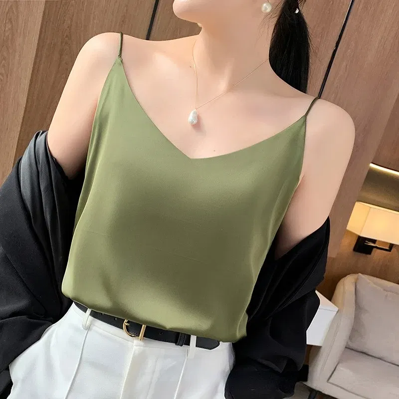 Color: WHITE, Size: S - Fashion Silky Camisole Women's Inner With White Bottoming Satin Top Summer V-neck Thin Section