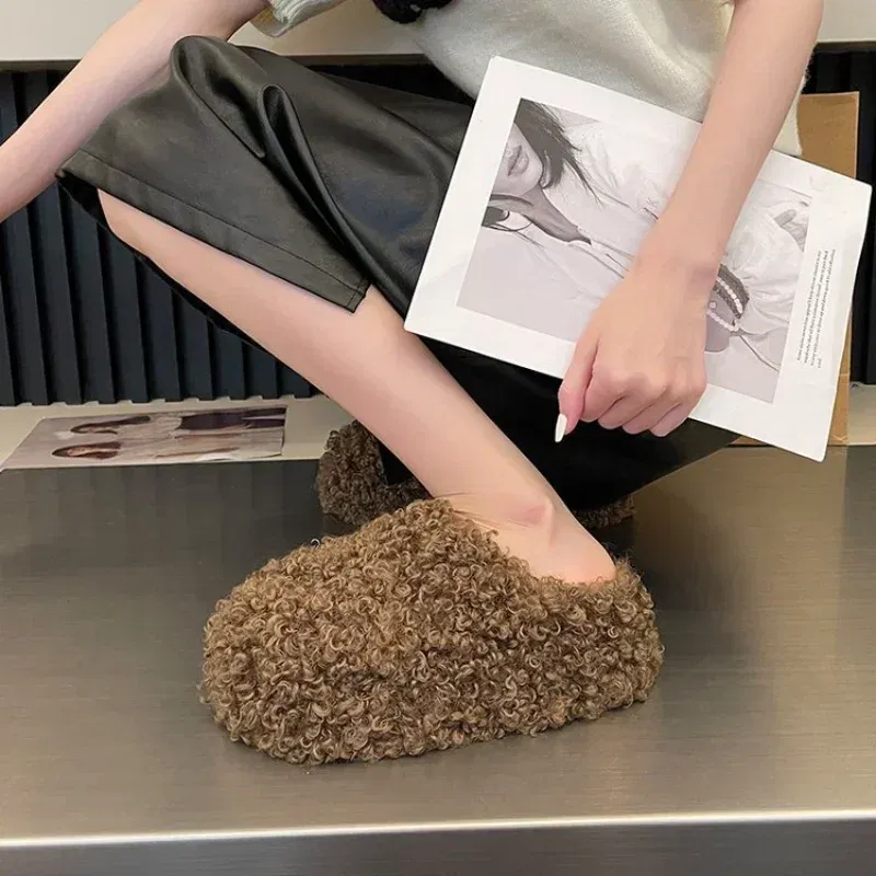 Color: black, Shoe Size: 38 - Thick Heel Luxury Lambwool Mules  Winter Shoes Woman Flip Flops Flat Cover Toe Slides Ins Warm Curly Lamb Fur Slippers Women
