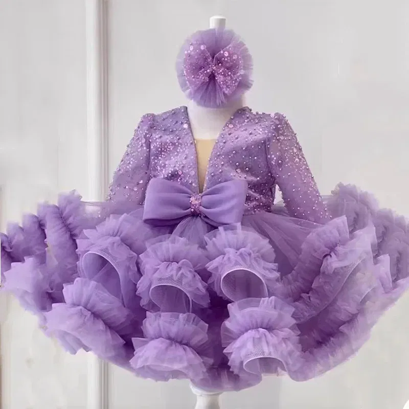Kid Size: 5T, Color: GRAY - 2-12 years old  sequin long-sleeved dress girl puffy dress girl lace birthday wedding flower girl bow performance dress