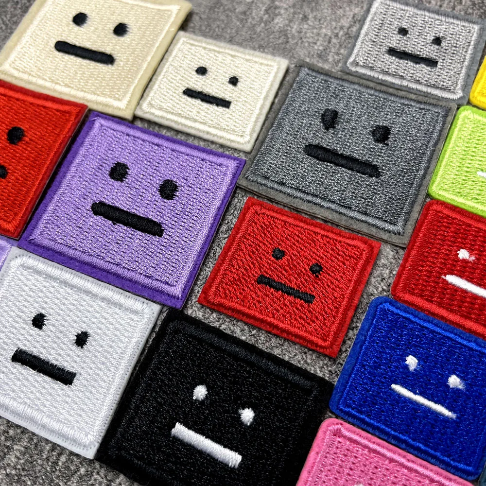 Color: Brown - Square Expression Embroidered Applique Patches Fabric Garment Apparel Clothing Accessories Embroidery Badges Pink Black White