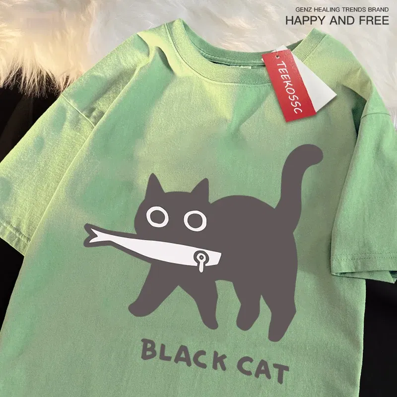 Color: Pink, Size: L - Fun A Black Cat Eating Fish Japanese Style Men Women T-Shirt Fashion Print T Shirt Breathable Oversize T-Shirts Cotton Clothes