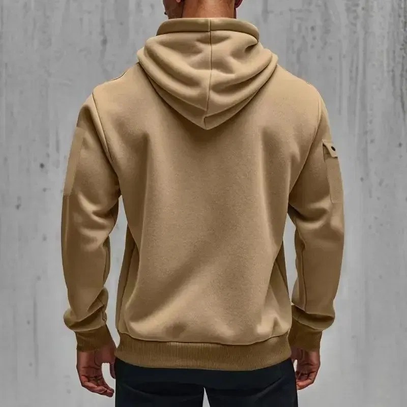 Color: Brown, Size: XL - 2025 new men's zipper multi-pocket hoodie loose casual sweater suit spring and autumn European size new fashion print