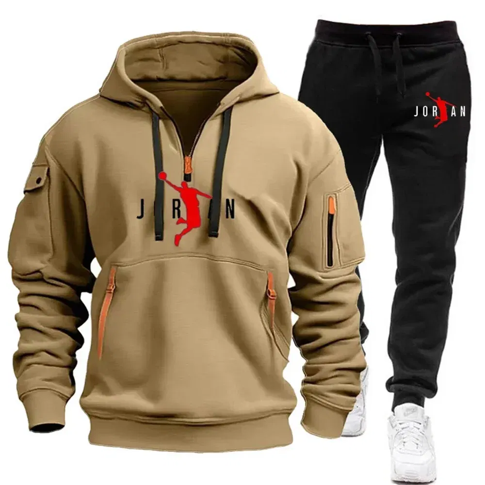 Color: Brown, Size: XL - 2025 new men's zipper multi-pocket hoodie loose casual sweater suit spring and autumn European size new fashion print