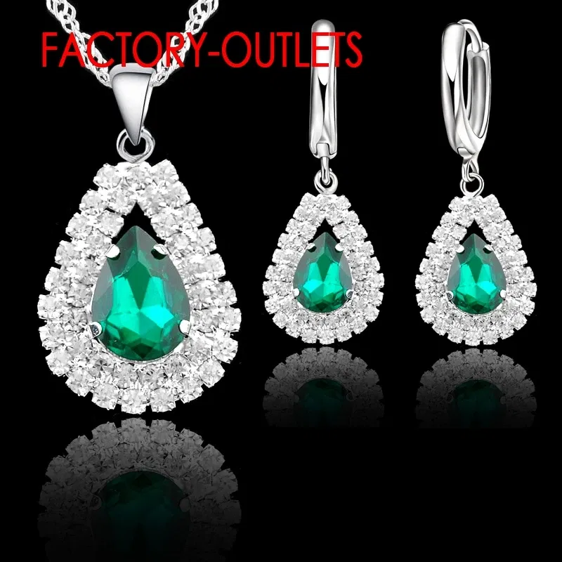 Metal color: Beige - Hot Sale 925 Silver Needle Bridal Jewelry Sets Austrian Crystal Water Drop Necklaces Hoop Earrings Women Party Engagement