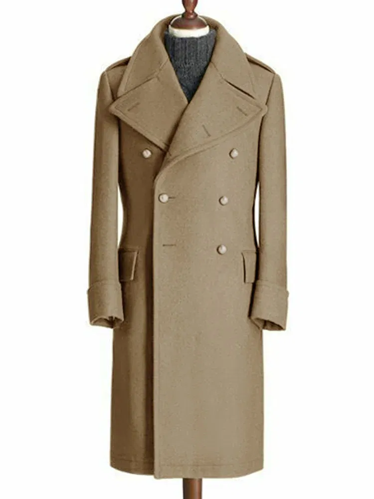 Color: Khaki, Size: XS - Windbreak Men's Jacket Wool Long Coat Lapel Double Breasted Men's Trench Coats Windbreakers Jackets Man Winter 2023 Martens Male