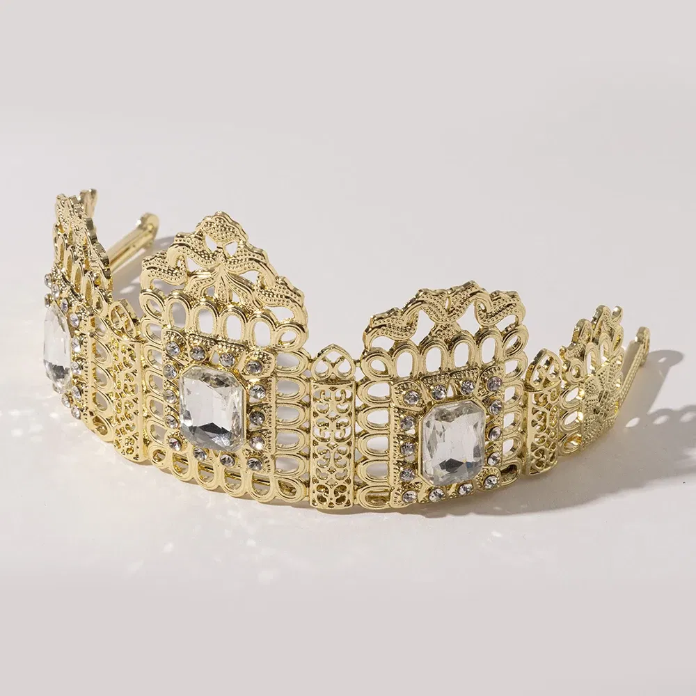Metal color: Platinum Plated - LUIZADA European Princess Queen Round Headdress Moroccan Bride Crystal Crown King Bride Headdress Wedding Hair Accessories