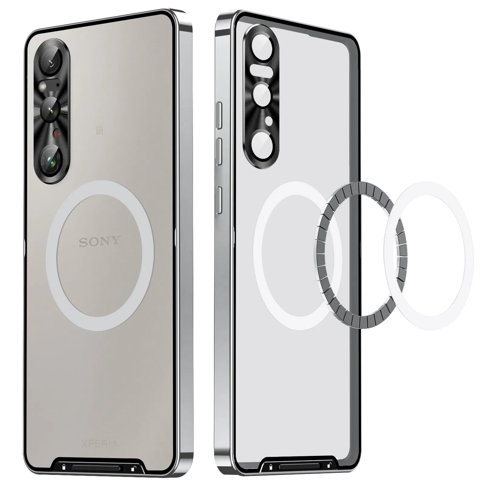 Color: Silver, Material: Cotton Fabric - Metal Alloy Magnetic Case For Sony Xperia 1 V 10 IV iii 5 V Aluminum Bumper Frame Clear Transparent Wireless Charger Cover