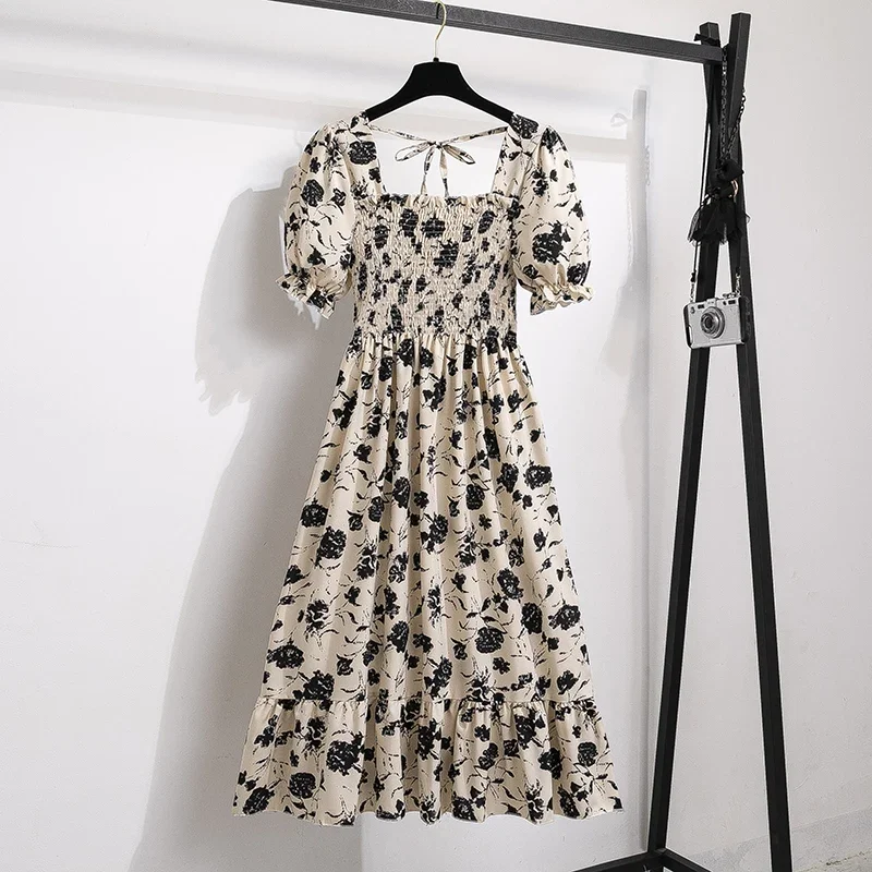 Color: Brown, Size: One Size - Spring Summer Chiffon Dresses Fashion Female Elastic Waist Short Sleeve Pleated Casual Dress Women A-line Dresses Vestidos