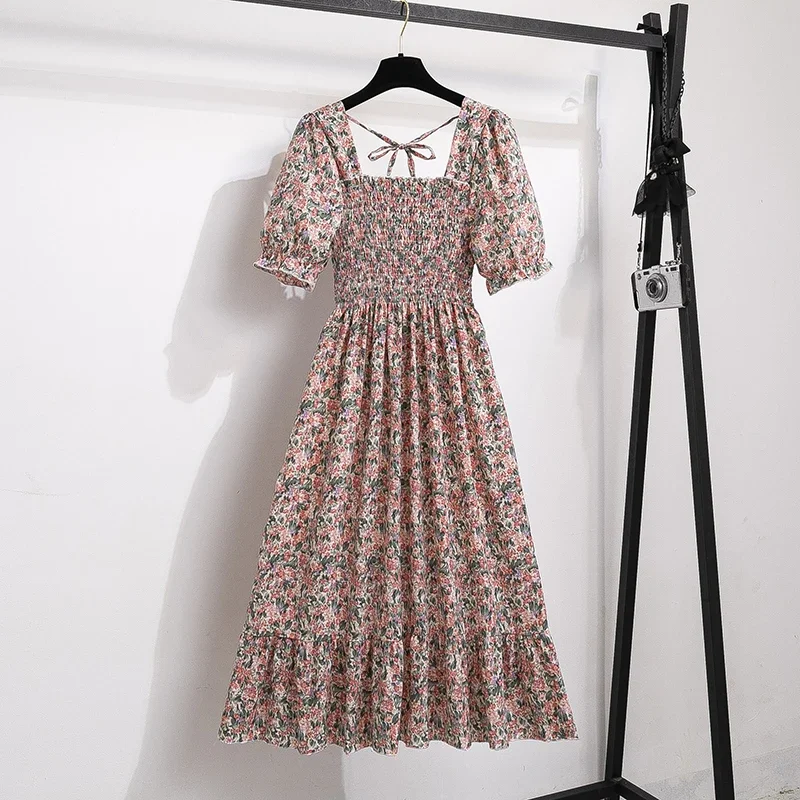 Color: Brown, Size: One Size - Spring Summer Chiffon Dresses Fashion Female Elastic Waist Short Sleeve Pleated Casual Dress Women A-line Dresses Vestidos