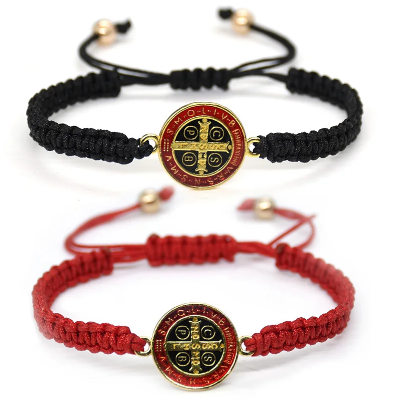 Metal Color: Hot Stamping - QIGO St. Benedict Bracelet For Men Women Rope Weave Religious Jewelry Red Black