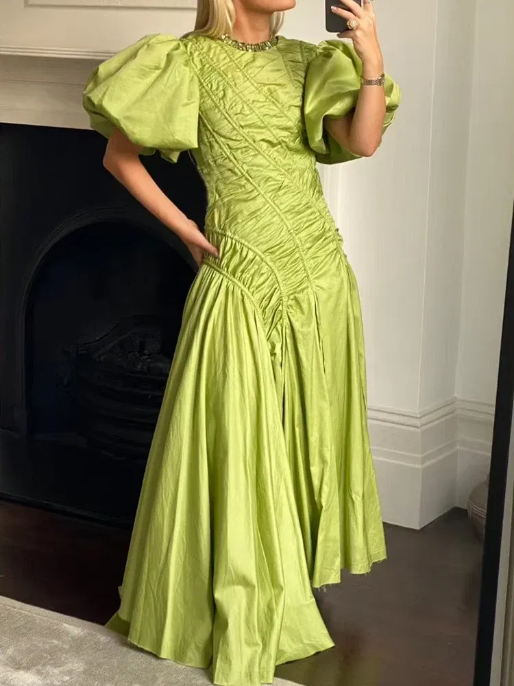 Color: Light Green, Size: XXL - 2025 summer women's new round neck lantern short sleeve irregular stitching drawstring dress slim dinner temperament long dress